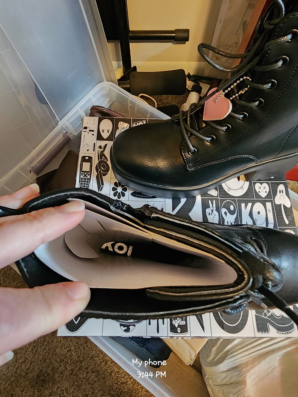 koi Black Lace-Up Platform Combat Boots with Pink Heart - Picture 2 of 4